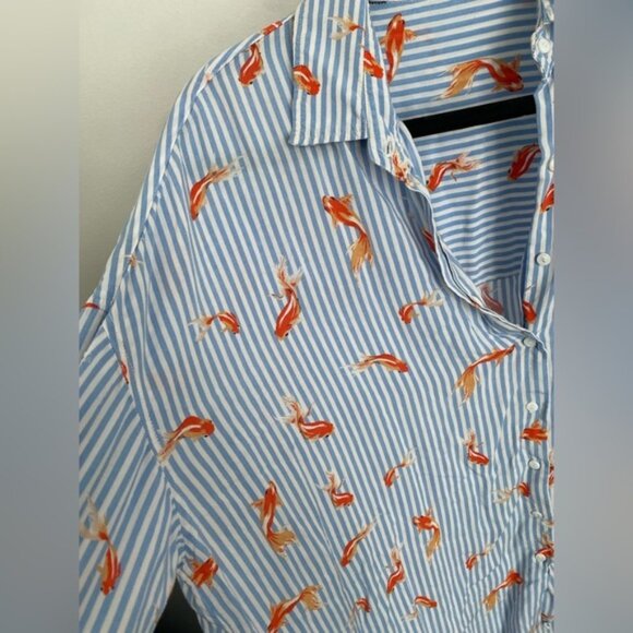 ZaraGoldfishNoveltyPrintStripedOversizedButtonDownBlouseTopLLarge - Picture 3 of 5